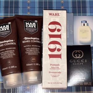 Men’s Grooming Lot: Cave Beard, Wahl 1919 Pomade, Gucci Guilty & Light Blue Men